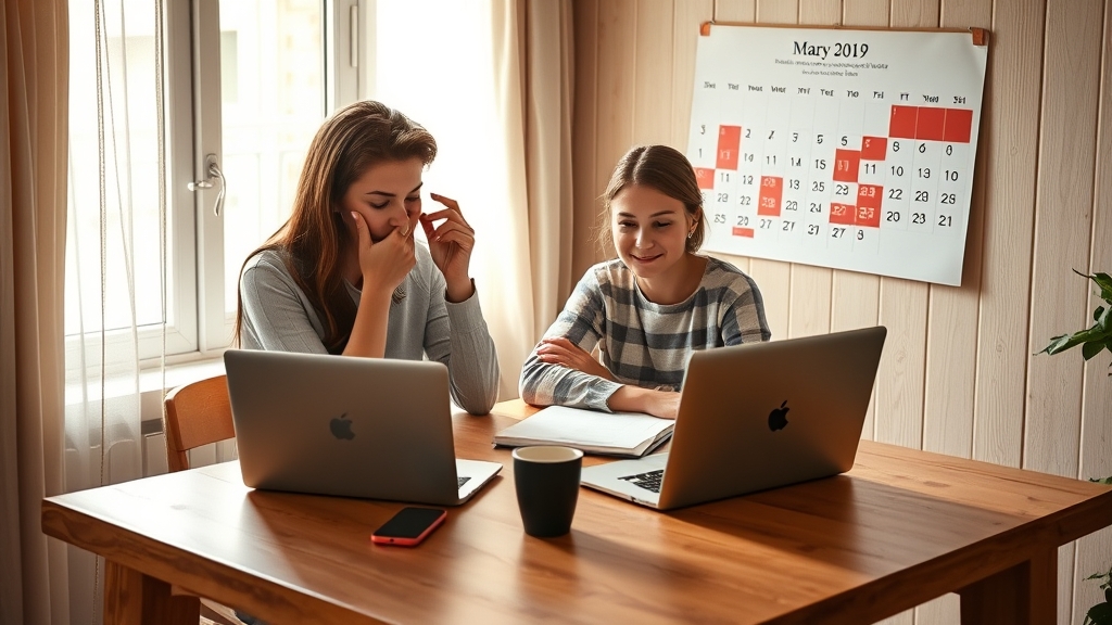 Cuplu alegând data nunții cu ajutorul unui calendar și laptop, într-o încăpere luminoasă.
