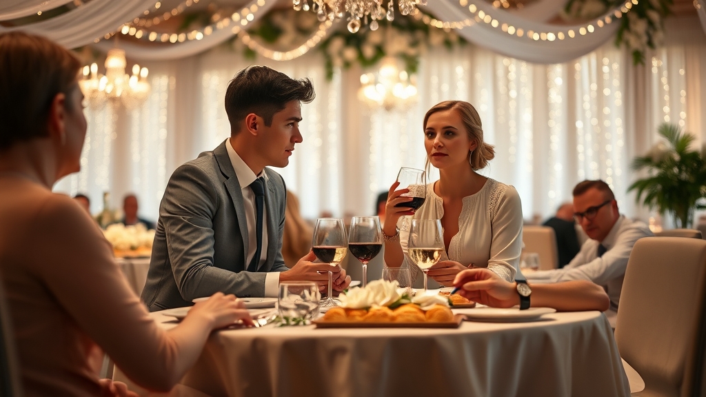 Cuplu la masă cu chelner servind aperitive la o nuntă elegantă